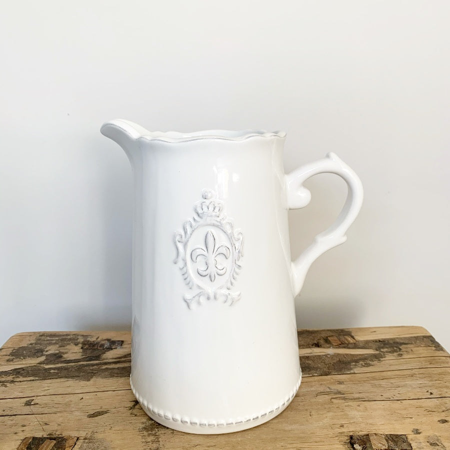 Ceramic White Fleur De Lis Jug, 18cm