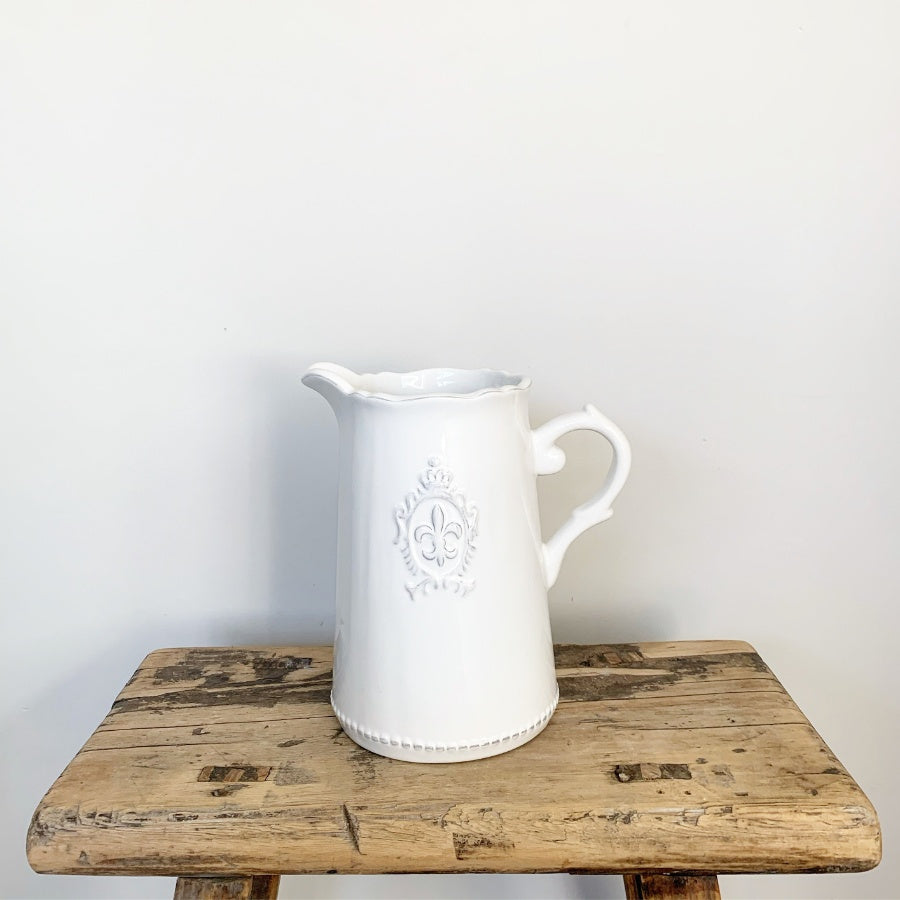 Ceramic White Fleur De Lis Jug, 18cm