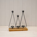 Black Metal Triple Tree Tealight Holder on Wooden Base
