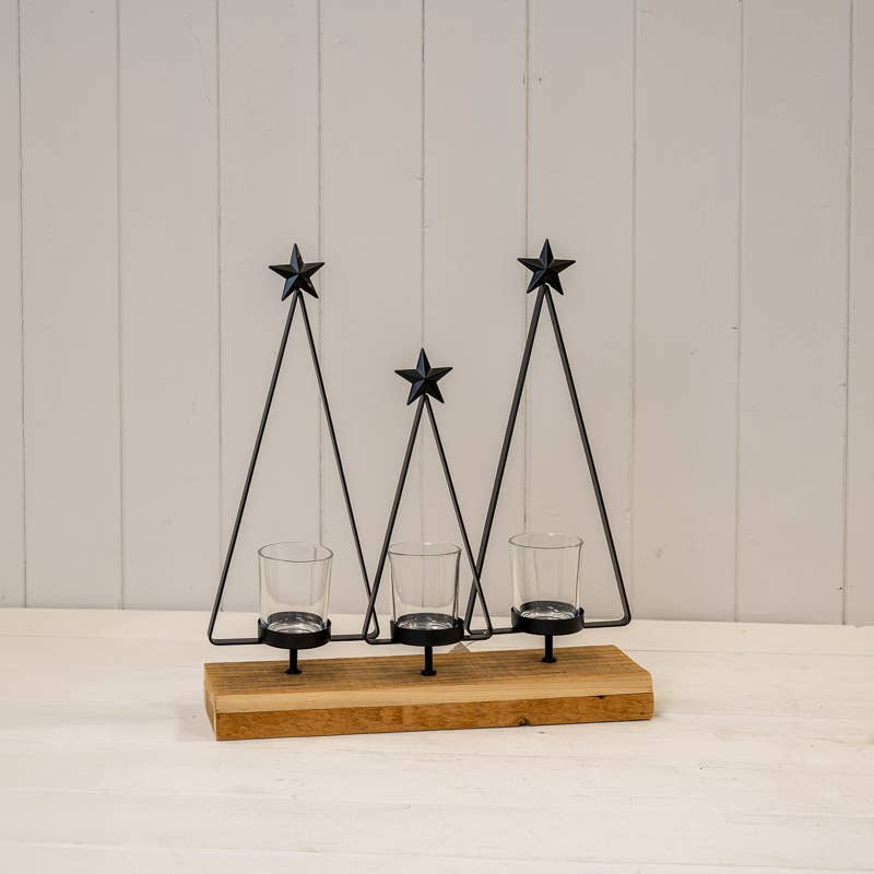 Black Metal Triple Tree Tealight Holder on Wooden Base