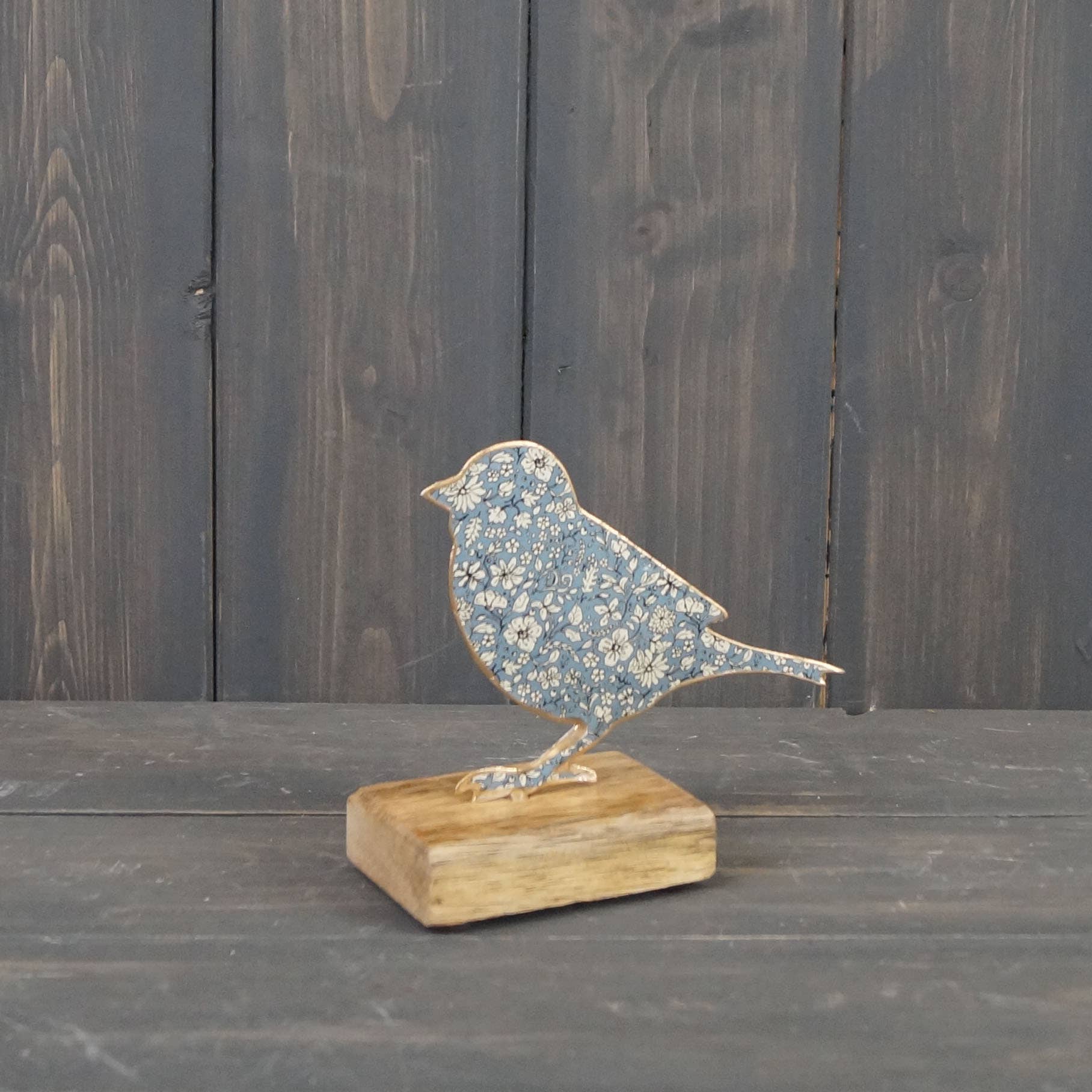 Blue Metal Bird on Wooden Base