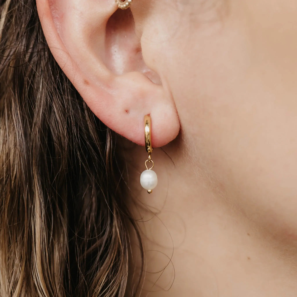 Pearl Drop Huggie Hoop Earrings